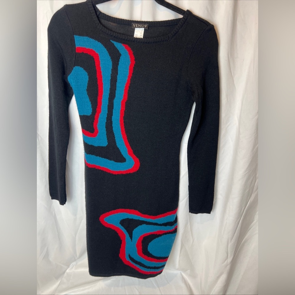 VENUS Black Dress with Blue and Red Accents